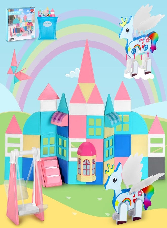 VANLINNY Unicorn Magnetic Tiles, Unicorn Toys for Girls Age 4-6, Princess Castle Magnet Toy for Kids Ages 4-8, Movable Magnetic Tiles 3D Educational Sensory Toys, Xmas Birthday Gifts for Boys and Girls - Image 1